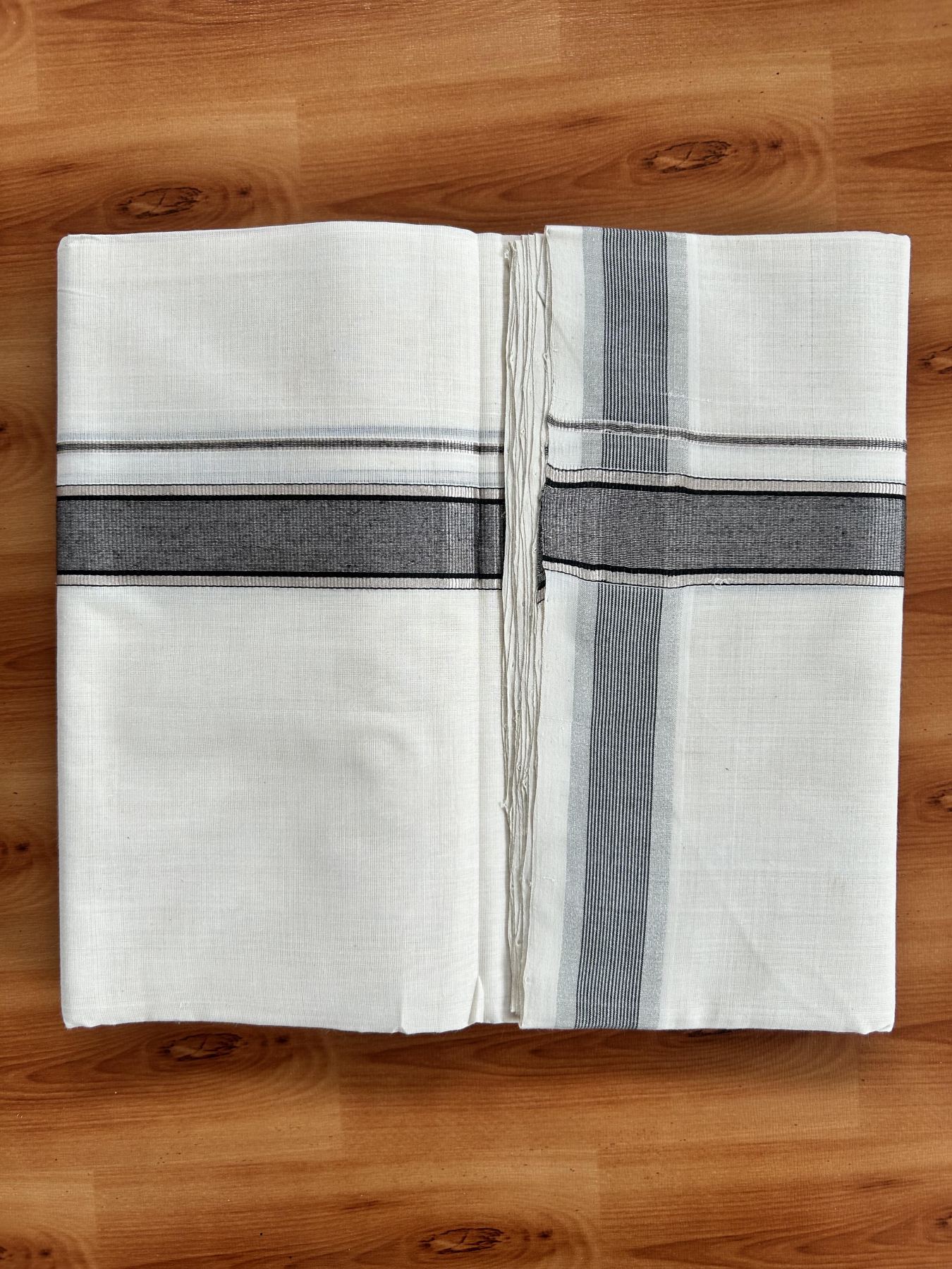 Double Off White (Unbleached) Mundu/Dhoti - 25% Discount! KaithariKada Handloom Unakkupaav Kerala Handloom - Pure Cotton - 80x90 - 1.25 Inch Silver Kasav & Black Striped Kara  4 Mtr (8.5 Muzham) - 14 KK5438 YAR