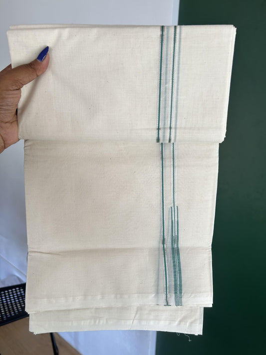 20% Discount! KaithariKada Balaramapuram 100% Cotton Double Off white Mundu/Dhoti- 100x100 - 0.2 cm Puliyilakkara Silver Kasav & Emarald Green Chutty Kara 4 mtr (8.5 muzham) - 4 KK5392 ASH