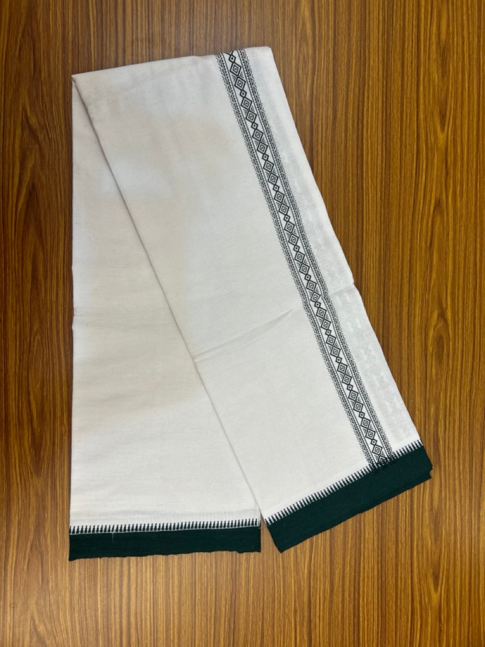 Kaitharikada - Polyster + Cotton - 20s twisted - Pure white Single Kaily / Lungi - 1.5 inch Green Printed Kuppadam Border with White colour body (2 meter / 4 muzham) -  6 KK8038 GAN