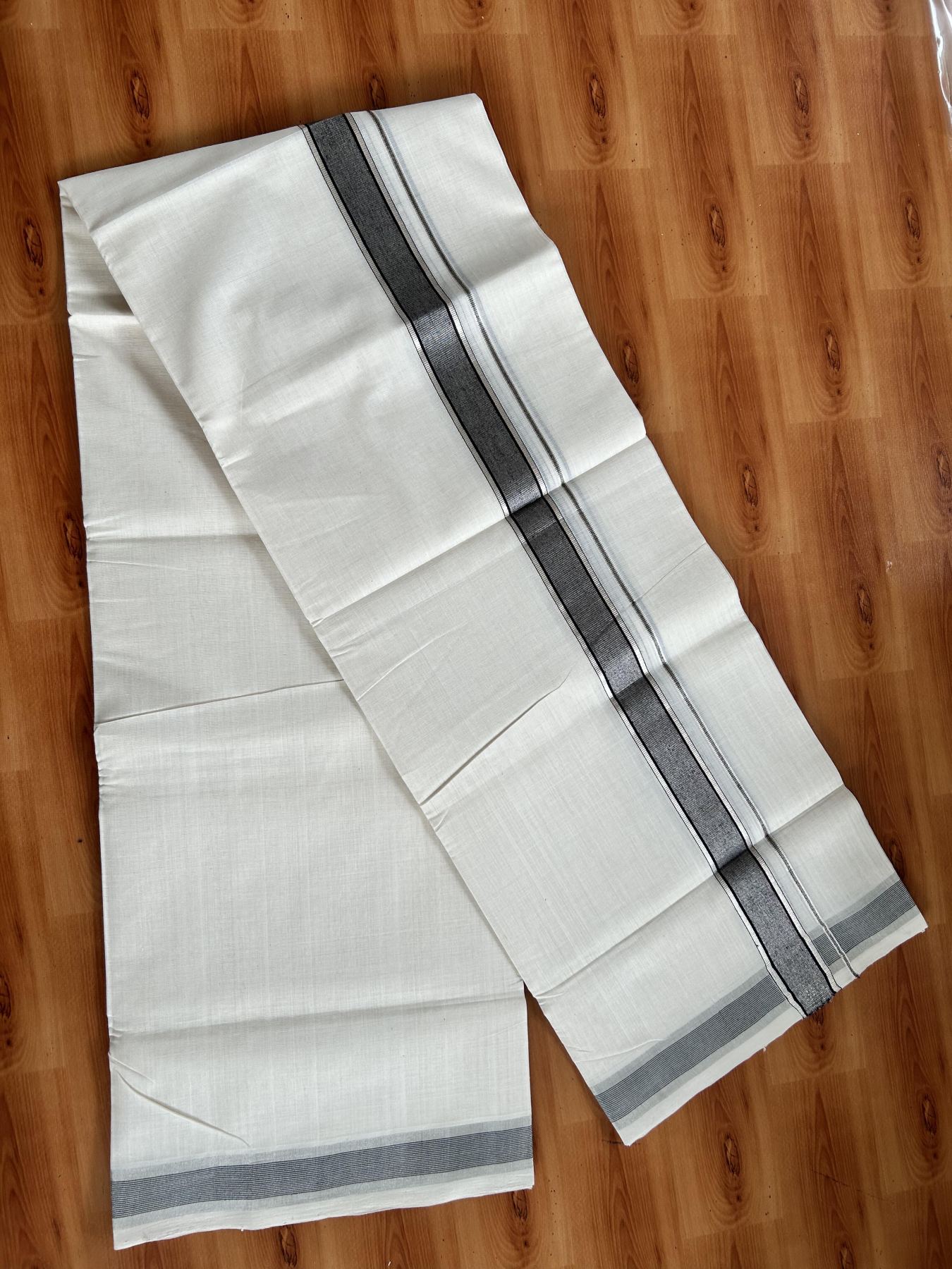 Double Off White (Unbleached) Mundu/Dhoti - 25% Discount! KaithariKada Handloom Unakkupaav Kerala Handloom - Pure Cotton - 80x90 - 1.25 Inch Silver Kasav & Black Striped Kara  4 Mtr (8.5 Muzham) - 14 KK5438 YAR