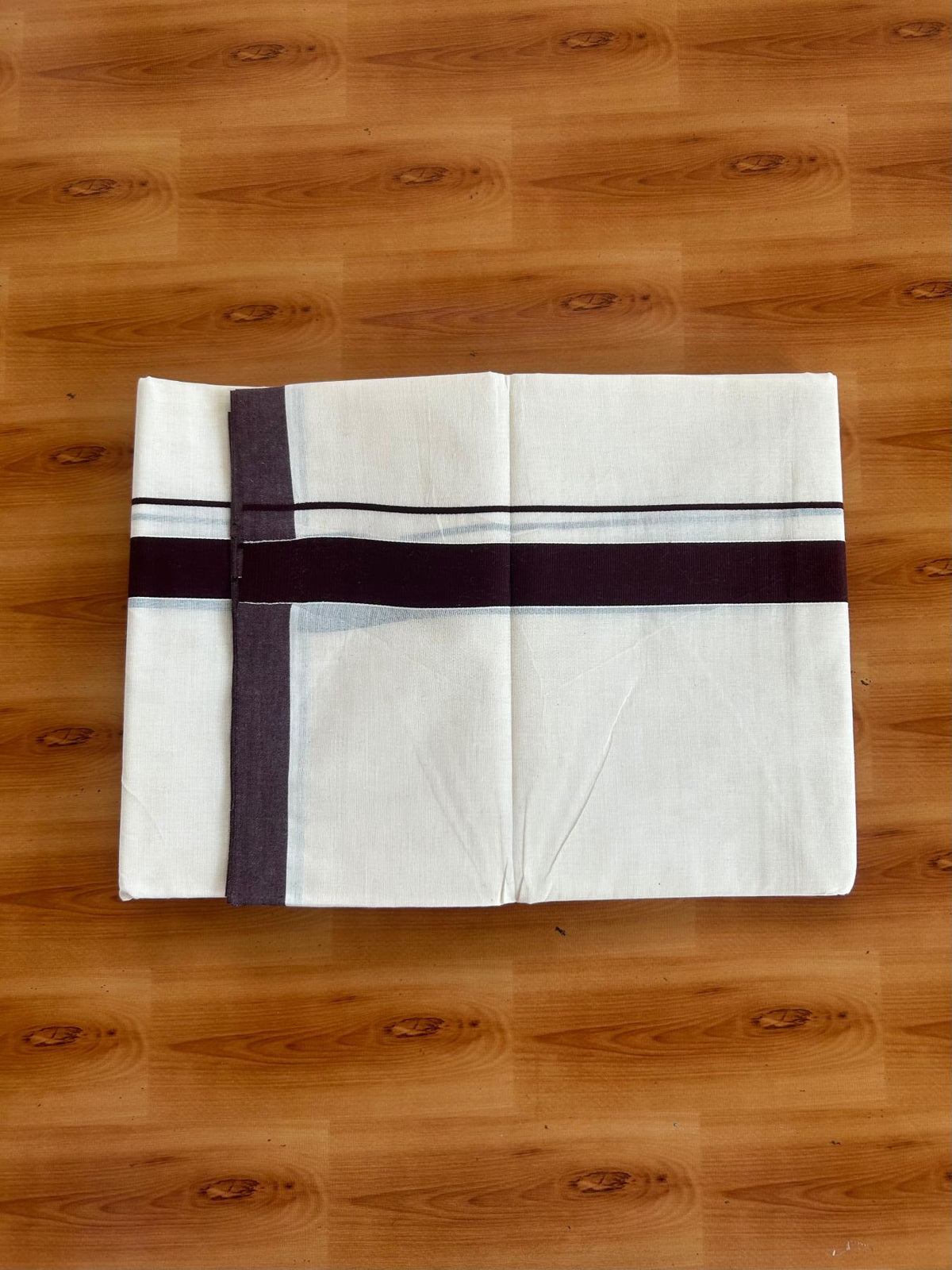 Double Off White (Unbleached) Mundu/Dhoti - 20% Discount!! KaithariKada Pulimood 100% Cotton 80x72 - 1 inch Coffee Brown Colour Kara - 4 mtr (8.5 muzham) -  5 KK5553 STH