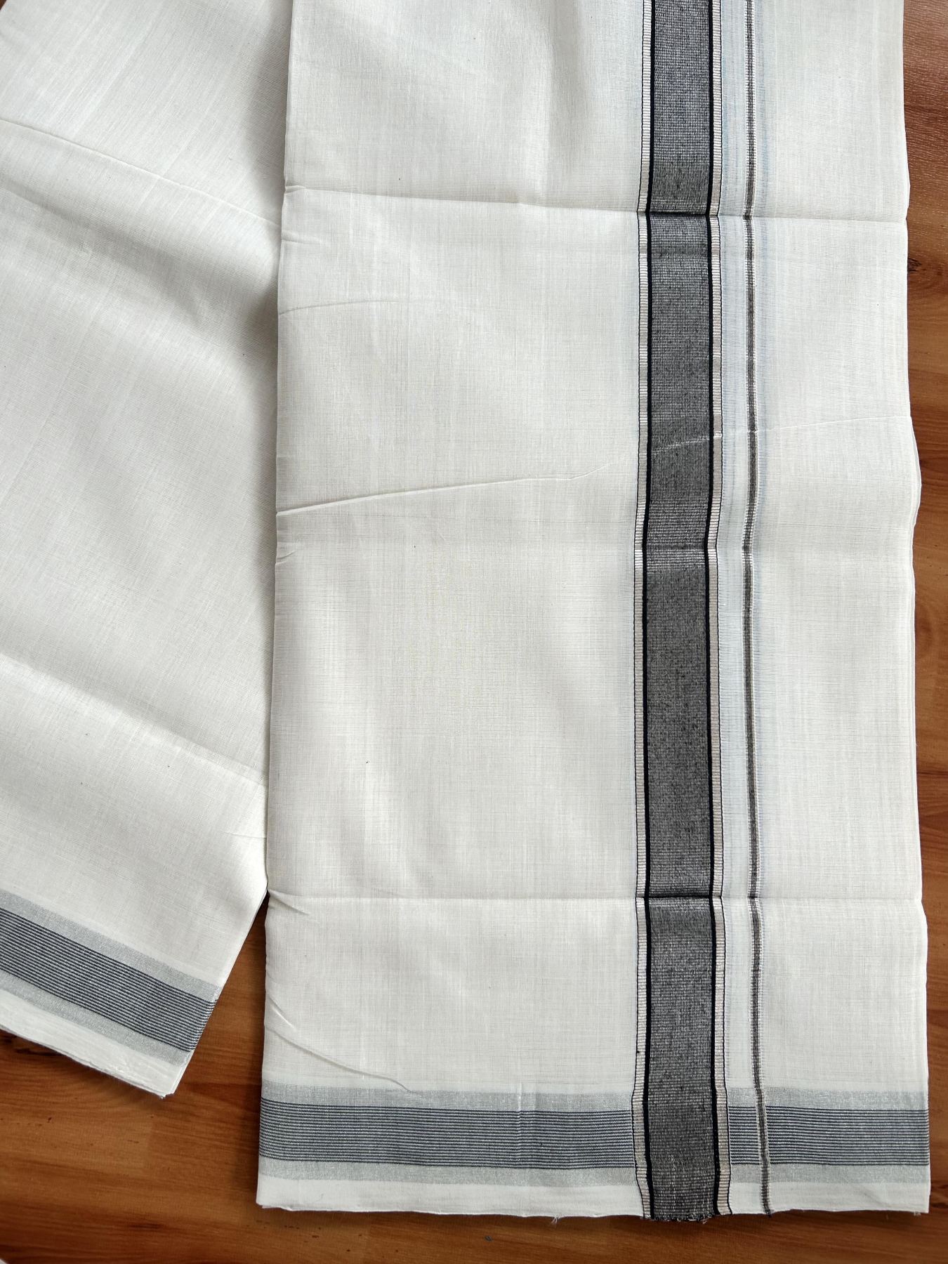 Double Off White (Unbleached) Mundu/Dhoti - 25% Discount! KaithariKada Handloom Unakkupaav Kerala Handloom - Pure Cotton - 80x90 - 1.25 Inch Silver Kasav & Black Striped Kara  4 Mtr (8.5 Muzham) - 14 KK5438 YAR