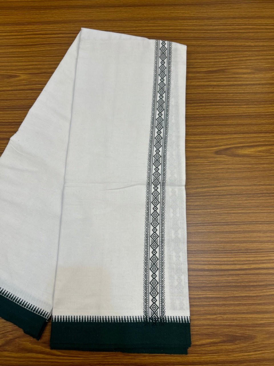 Kaitharikada - Polyster + Cotton - 20s twisted - Pure white Single Kaily / Lungi - 1.5 inch Green Printed Kuppadam Border with White colour body (2 meter / 4 muzham) -  6 KK8038 GAN