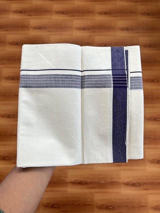 Single Mundu/Dhoti - Off White (Unbleached) 29% Discount !! KaithariKada Balaramapuram 100% Cotton Twisted 60s Thread - 1 Inch Silver Kasav & Navy Blue Shaded Striped Kara (2 meter /4 muzham) - 17 KK5393 GL