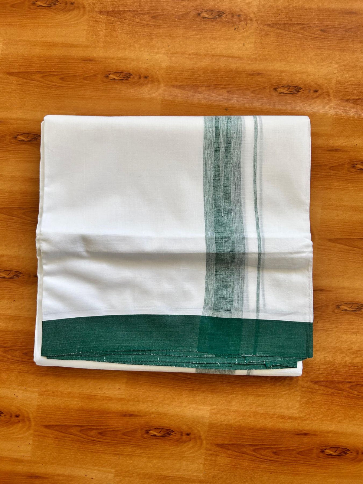 Double Pure White Mundu/Dhoti - 20% Discount !! KaithariKada Balaramapuram 100% Cotton - 100x80 - 1.25 inch Green Shaded Chutty Kara 3.80 mtr (8 muzham) - 17 KK5499 CKS
