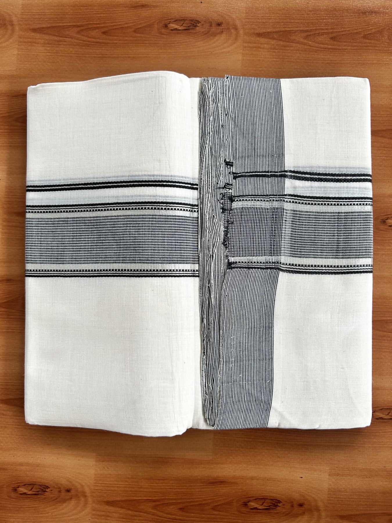 Double Off White (Unbleached) Mundu/Dhoti - 25% Discount! KaithariKada Handloom Unakkupaav Kerala Handloom - Pure Cotton - 80x90 - 2 Inch Silver Kasav & Black Striped Kara  4 Mtr (8.5 Muzham) - 9 KK5438 YAR
