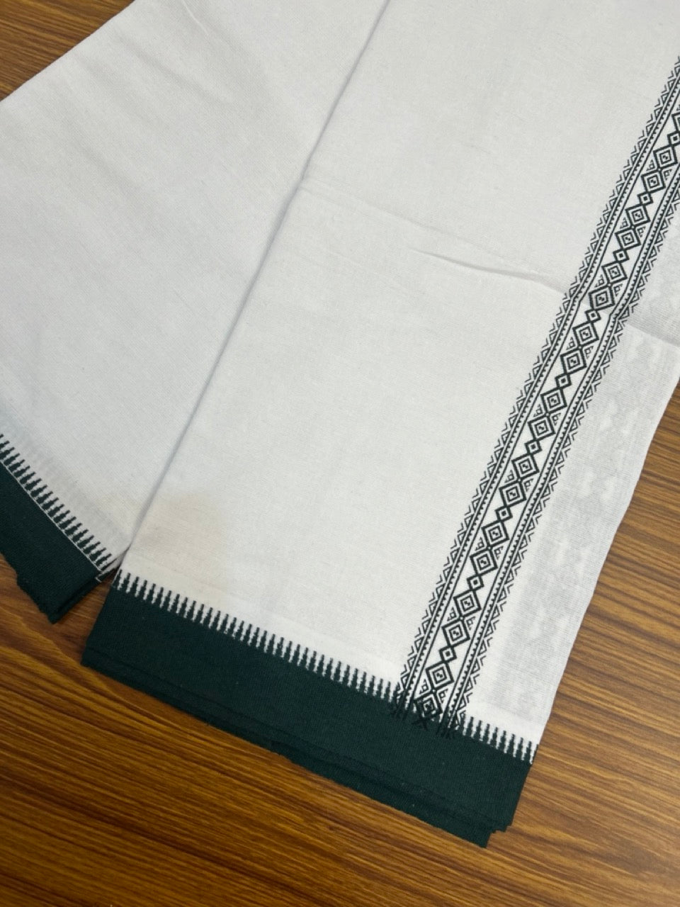 Kaitharikada - Polyster + Cotton - 20s twisted - Pure white Single Kaily / Lungi - 1.5 inch Green Printed Kuppadam Border with White colour body (2 meter / 4 muzham) -  6 KK8038 GAN