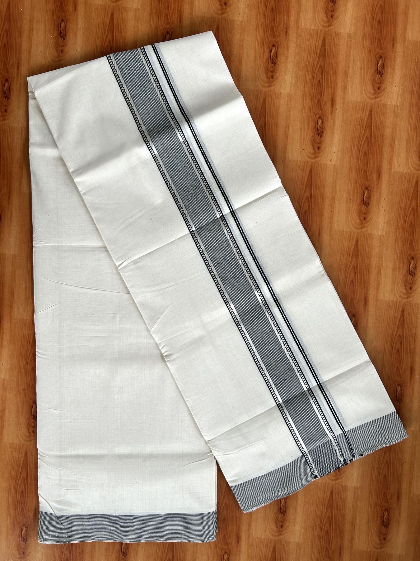 Double Off White (Unbleached) Mundu/Dhoti - 25% Discount! KaithariKada Handloom Unakkupaav Kerala Handloom - Pure Cotton - 80x90 - 2 Inch Silver Kasav & Black Striped Kara  4 Mtr (8.5 Muzham) - 9 KK5438 YAR