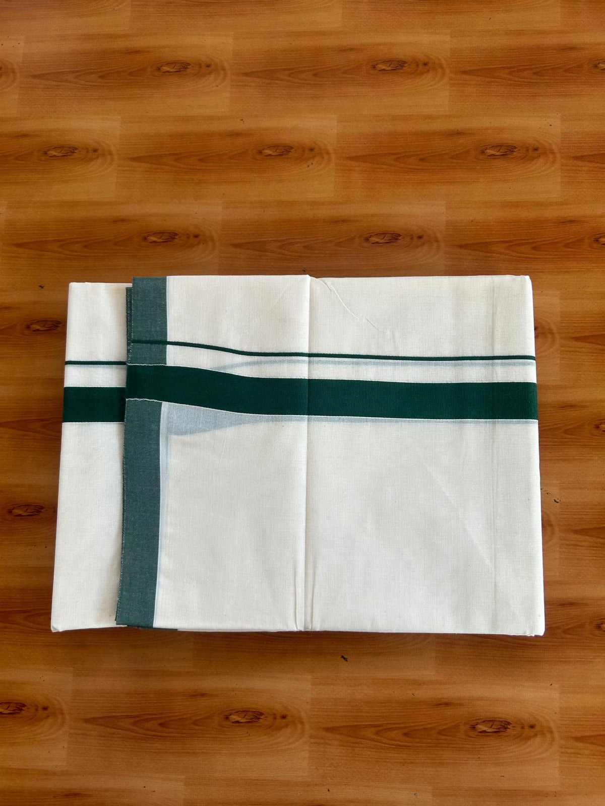 Double Off White (Unbleached) Mundu/Dhoti - 20% Discount!! KaithariKada Pulimood 100% Cotton 80x72 - 1 inch Dark Green Colour Kara - 4 mtr (8.5 muzham) -  6 KK5553 STH