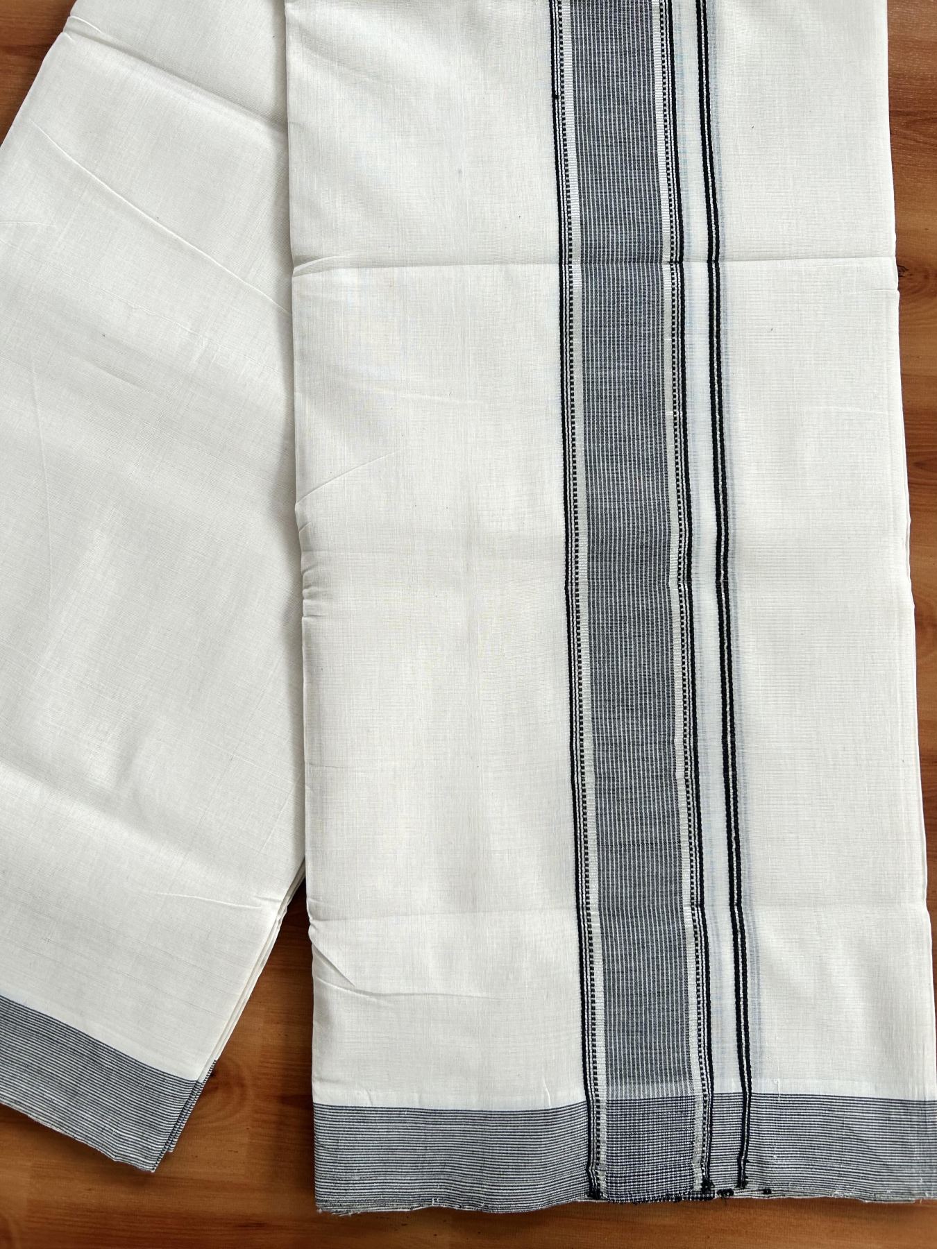 Double Off White (Unbleached) Mundu/Dhoti - 25% Discount! KaithariKada Handloom Unakkupaav Kerala Handloom - Pure Cotton - 80x90 - 2 Inch Silver Kasav & Black Striped Kara  4 Mtr (8.5 Muzham) - 9 KK5438 YAR