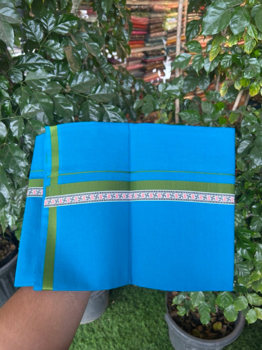 39% Discount! Kaitharikada - Pure Cotton - Single Kaily / Lungi - 1 inch Sage Green & Multi colour Pattern Printed kara with Sapphire Blue colour body (2 meter / 4 muzham) - 11 KK8038 GAN