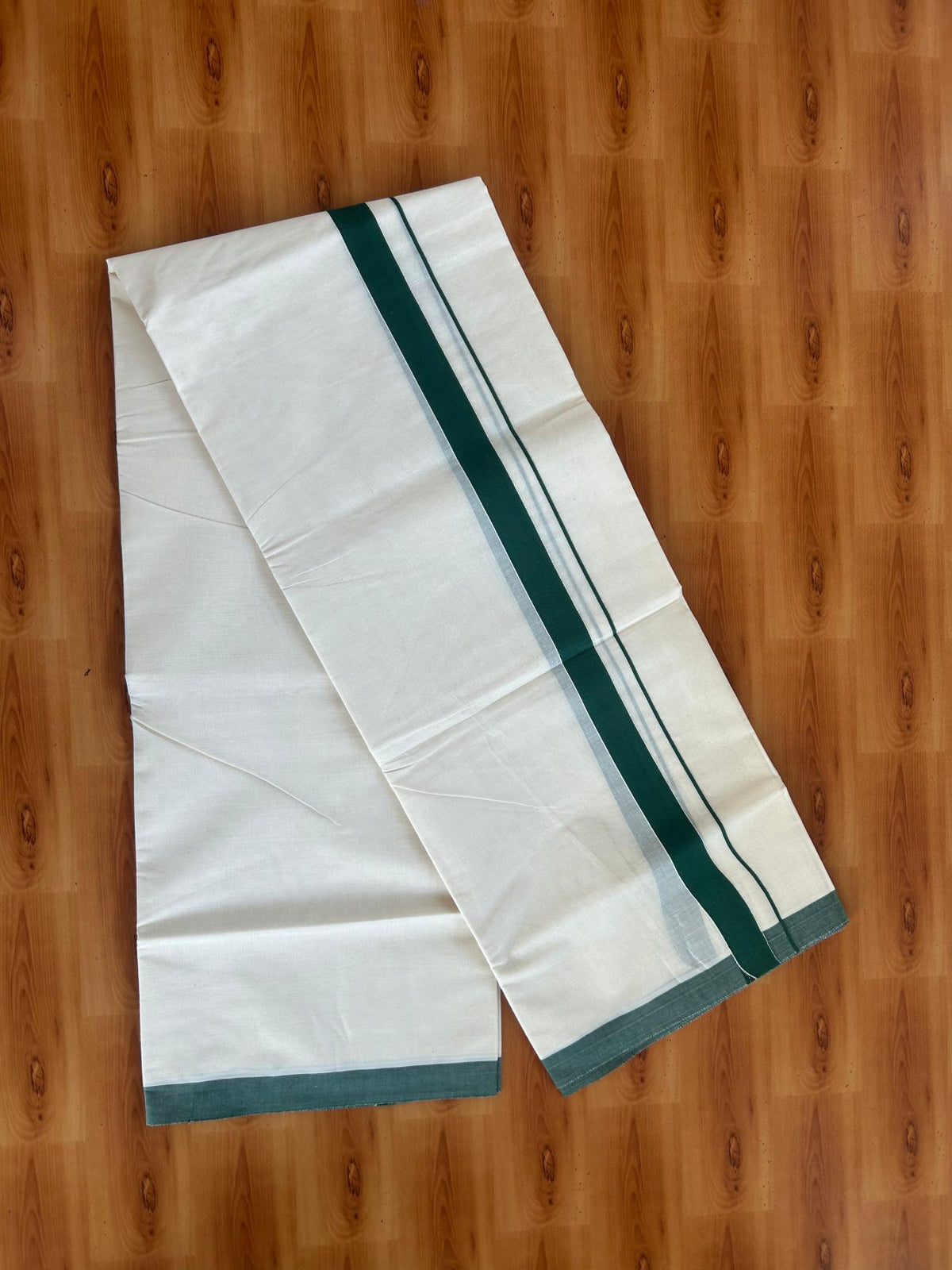 Double Off White (Unbleached) Mundu/Dhoti - 20% Discount!! KaithariKada Pulimood 100% Cotton 80x72 - 1 inch Dark Green Colour Kara - 4 mtr (8.5 muzham) -  6 KK5553 STH
