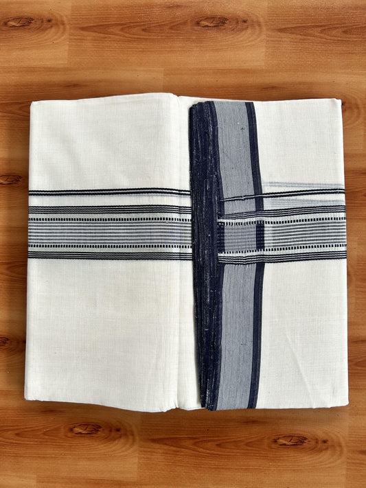 Double Off White (Unbleached) Mundu/Dhoti - 25% Discount! KaithariKada Handloom Unakkupaav Kerala Handloom - Pure Cotton - 80x90 - 1.5 Inch Silver Kasav & Navy Blue Striped Kara  4 Mtr (8.5 Muzham) - 16 KK5438 YAR
