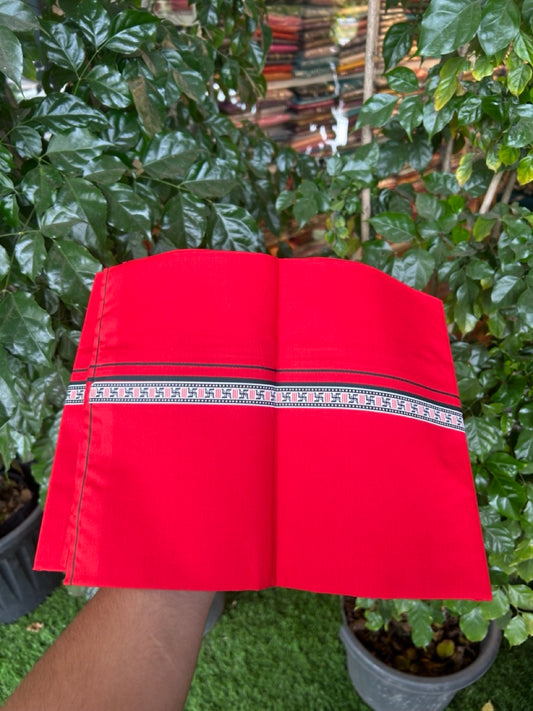 39% Discount! Kaitharikada - Pure Cotton - Single Kaily / Lungi - 0.75 inch Dark Green & Multi colour Pattern Printed kara with Red colour body (2 meter / 4 muzham) - 10 KK8038 GAN