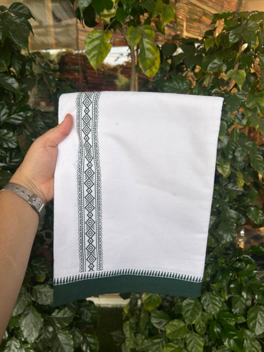 Kaitharikada - Polyster + Cotton - 20s twisted - Pure white Single Kaily / Lungi - 1.5 inch Green Printed Kuppadam Border with White colour body (2 meter / 4 muzham) -  6 KK8038 GAN