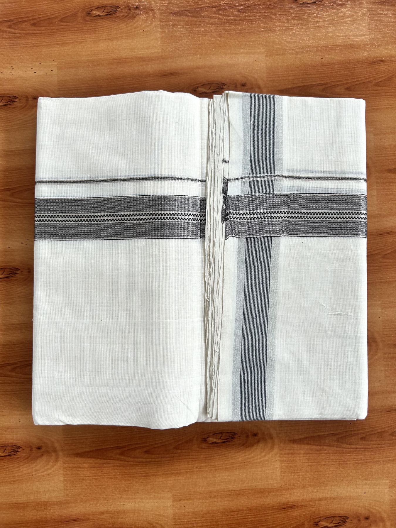 Double Off White (Unbleached) Mundu/Dhoti - 25% Discount! KaithariKada Handloom Unakkupaav Kerala Handloom - Pure Cotton - 80x90 - 1.25 Inch Silver Kasav & Black Striped Kara  4 Mtr (8.5 Muzham) - 13 KK5438 YAR