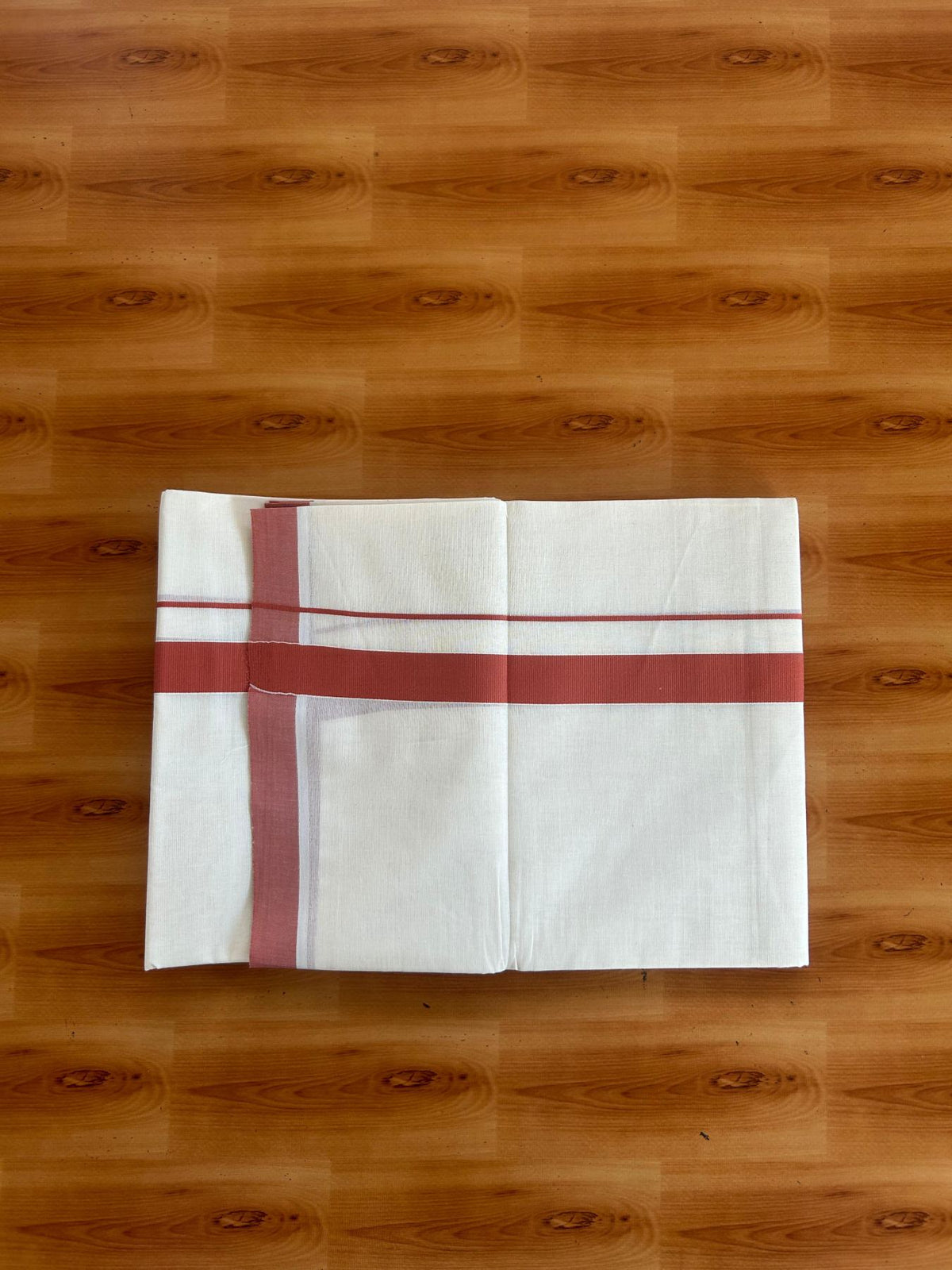 Double Off White (Unbleached) Mundu/Dhoti - 20% Discount! KaithariKada Pulimood 100% Cotton 80x72 - 1 inch Burnt Orange Colour Kara - 4 mtr (8.5 muzham) -  8 KK5553 STH
