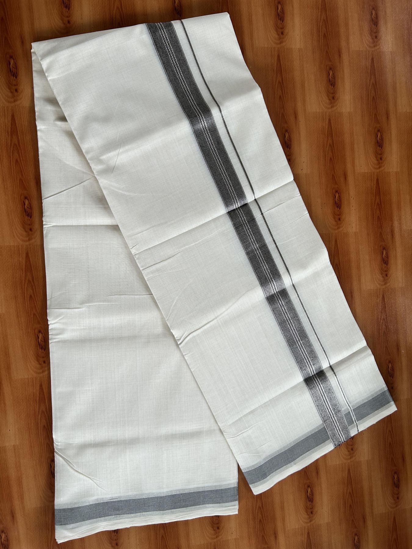 Double Off White (Unbleached) Mundu/Dhoti - 25% Discount! KaithariKada Handloom Unakkupaav Kerala Handloom - Pure Cotton - 80x90 - 1.25 Inch Silver Kasav & Black Striped Kara  4 Mtr (8.5 Muzham) - 13 KK5438 YAR