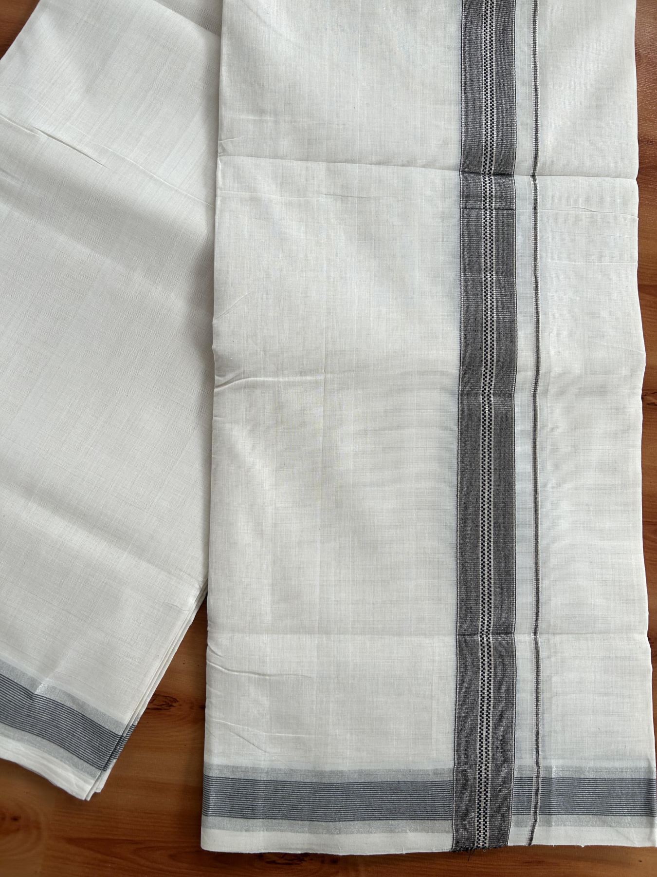 Double Off White (Unbleached) Mundu/Dhoti - 25% Discount! KaithariKada Handloom Unakkupaav Kerala Handloom - Pure Cotton - 80x90 - 1.25 Inch Silver Kasav & Black Striped Kara  4 Mtr (8.5 Muzham) - 13 KK5438 YAR