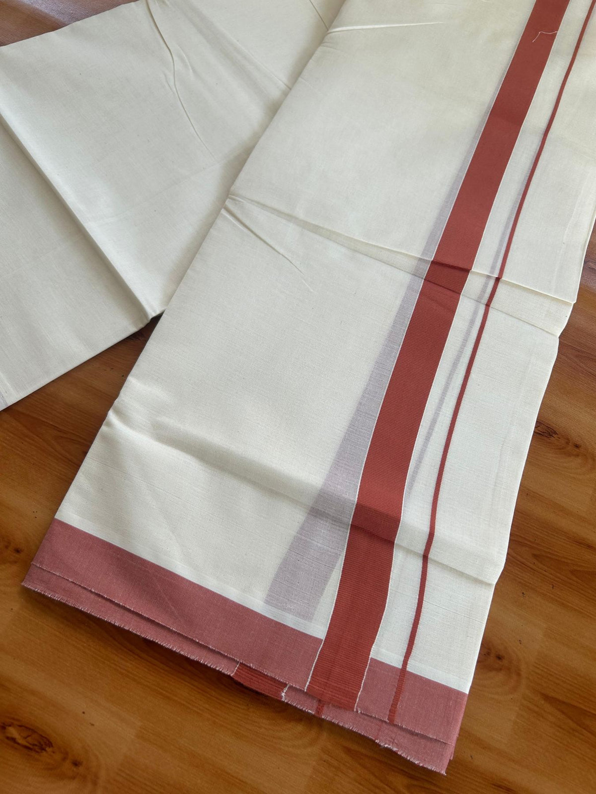 Double Off White (Unbleached) Mundu/Dhoti - 20% Discount! KaithariKada Pulimood 100% Cotton 80x72 - 1 inch Burnt Orange Colour Kara - 4 mtr (8.5 muzham) -  8 KK5553 STH