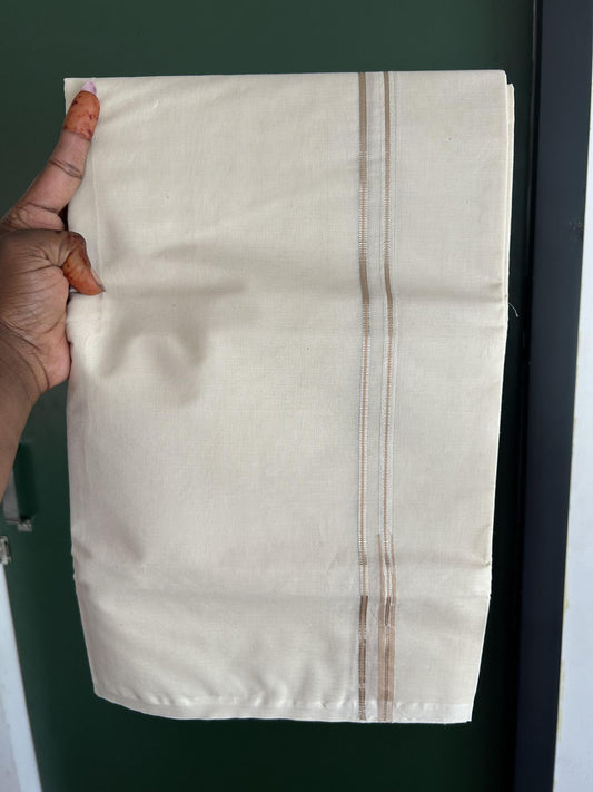 20% Discount! KaithariKada Balaramapuram 100% Cotton Double Off white Mundu/Dhoti- 100x100 - 0.2 cm Puliyilakkara Silver Kasav & Sand Brown Chutty Kara 4 mtr (8.5 muzham) - 6 KK5392 ASH