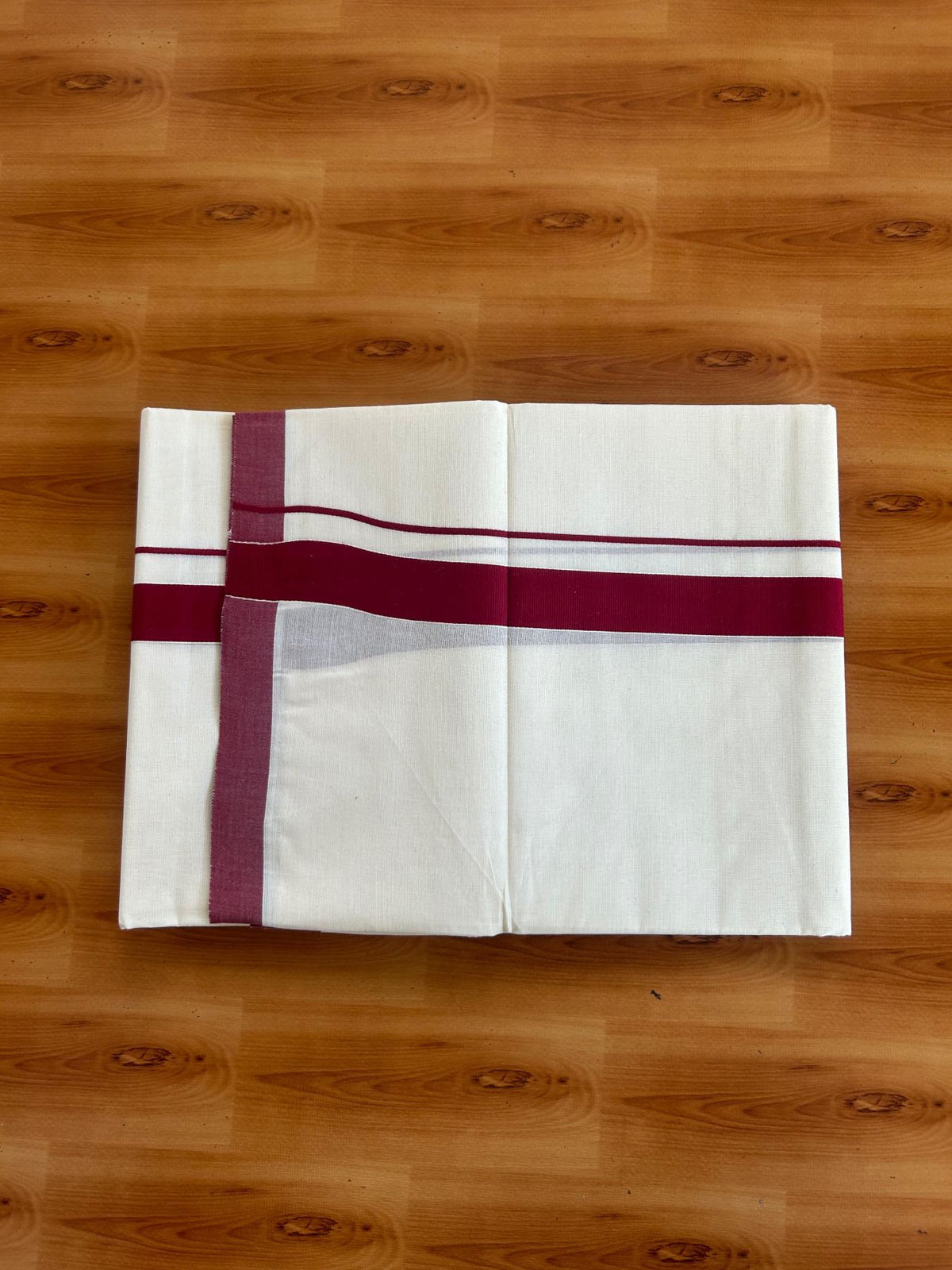 Double Off White (Unbleached) Mundu/Dhoti - 20% Discount ! KaithariKada Pulimood 100% Cotton 80x72 - 1 inch  Maroon Colour Kara - 4 mtr (8.5 muzham) -  10 KK5553 STH