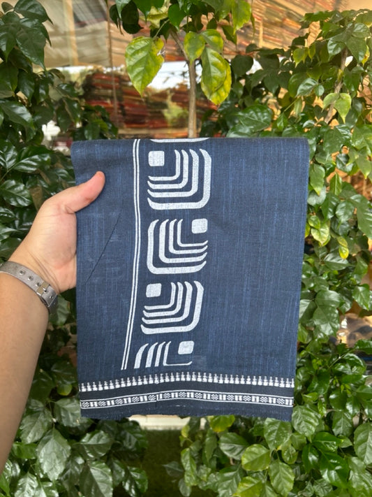 Kaitharikada - Polyster + Cotton - 20s twisted - Single Kaily / Lungi - 2.5 inch White Printed Kuppadam Border with Blue colour body (2 meter / 4 muzham) -  1 KK8038 GAN