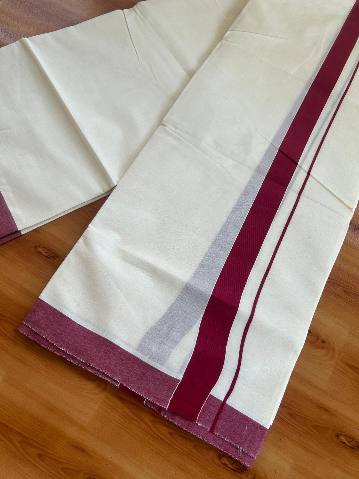 Double Off White (Unbleached) Mundu/Dhoti - 20% Discount ! KaithariKada Pulimood 100% Cotton 80x72 - 1 inch  Maroon Colour Kara - 4 mtr (8.5 muzham) -  10 KK5553 STH