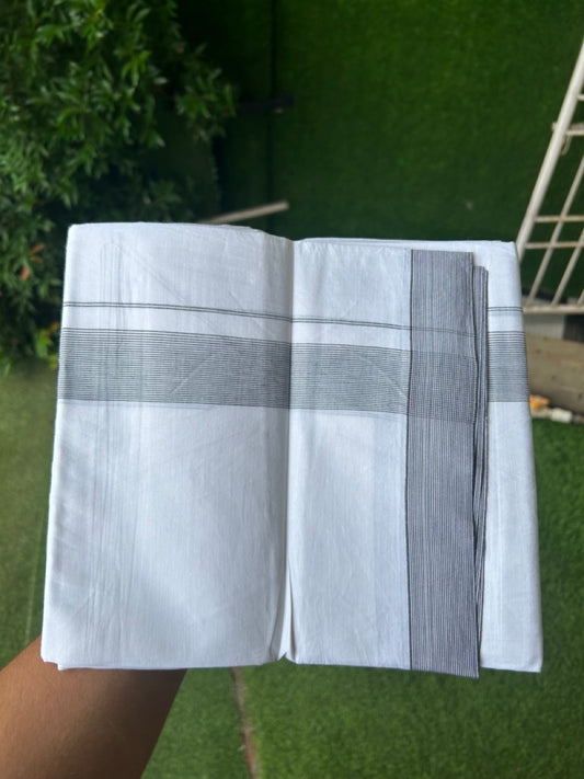 20% Discount ! Kaitharikada Balaramapuram 100% Cotton PURE WHITE Double Mundu/Dothi - 100x80 - 1.5 inch Navy Blue Stripes Kara 3.90 mtr (8 muzham) - 55KK5220 THI