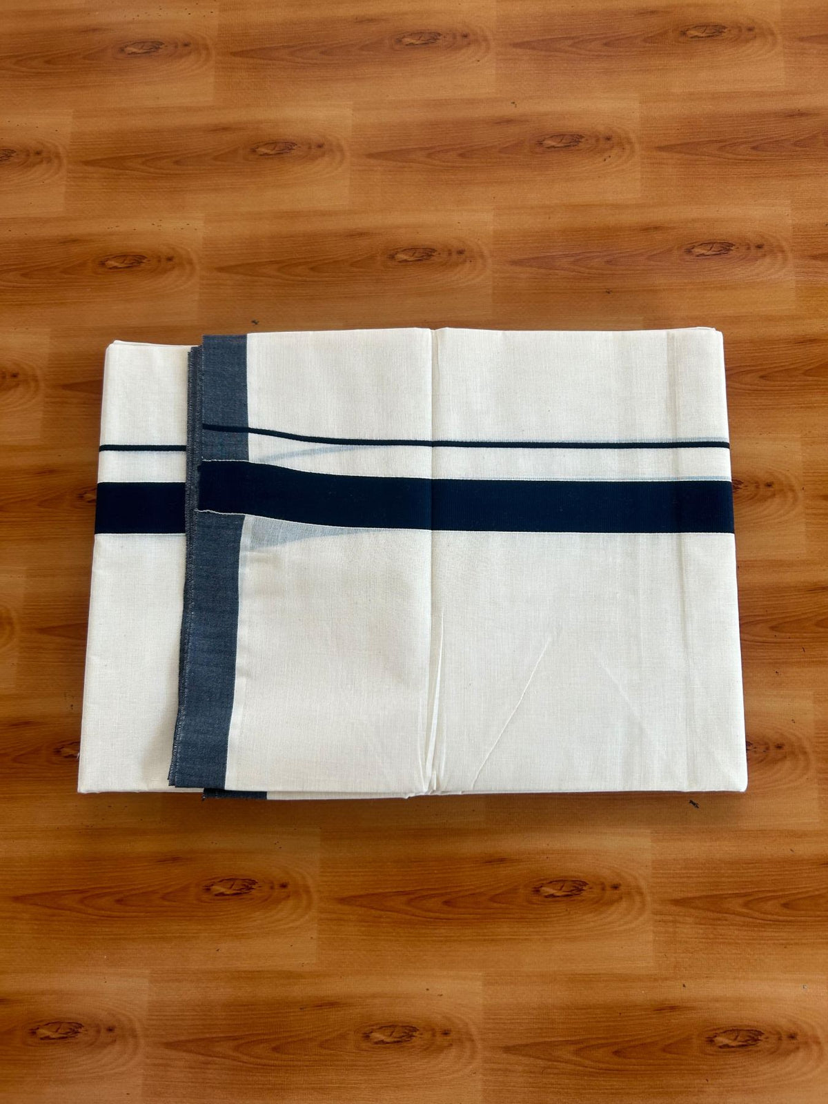 Double Off White (Unbleached) Mundu/Dhoti - 20% Discount! KaithariKada Pulimood 100% Cotton 80x72 - 1 inch Dark Peacock Blue Colour Kara - 4 mtr (8.5 muzham) - 9 KK5553 STH