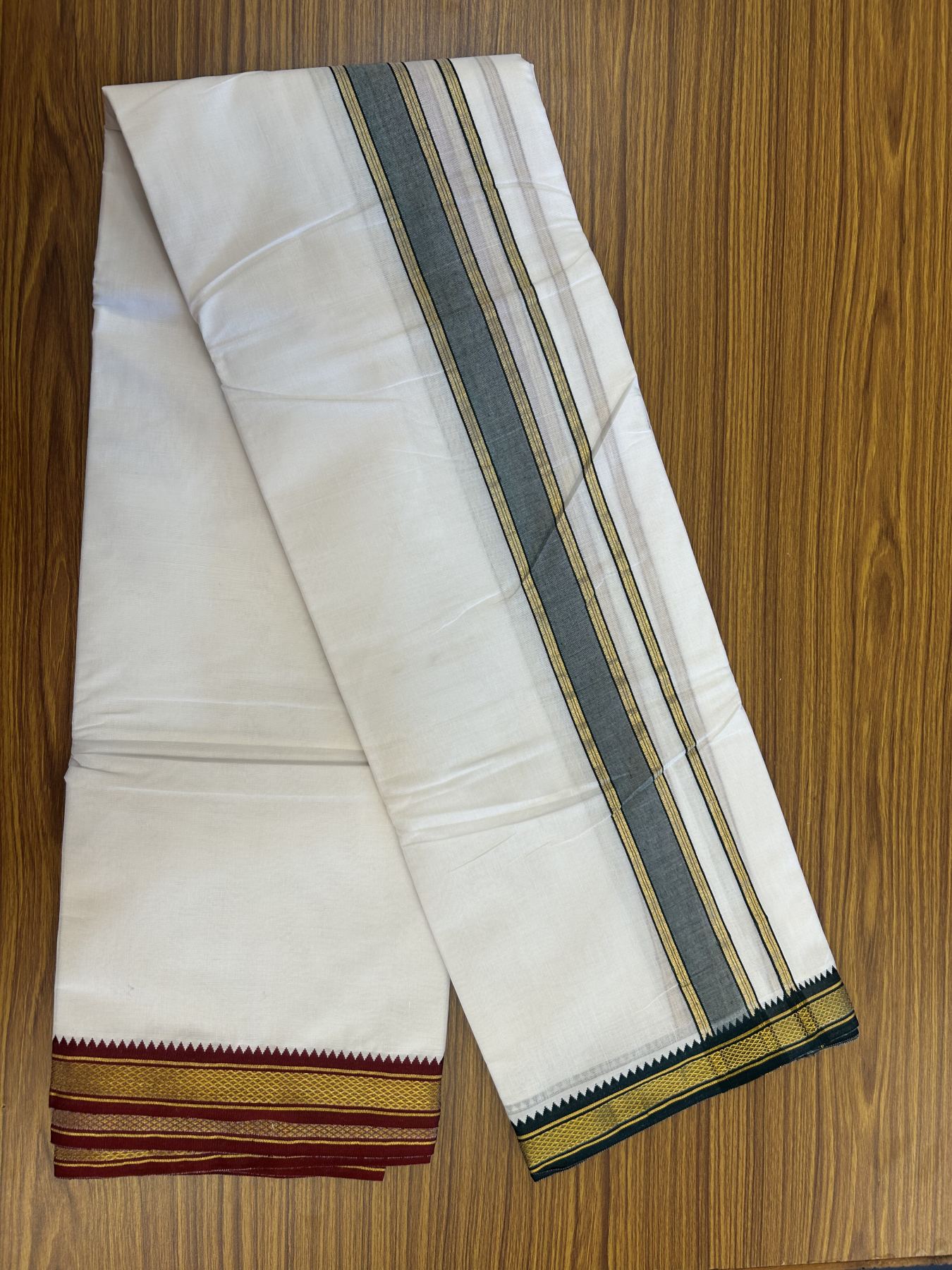 Panchakacham Dhoti - 20% Discount! KaithariKada Mixed Cotton Pure White - 80X90 thread - North Indian - Attached Gamcha - 9X5 Dhoti - 1.75 inch Dark Green & Maroon Gold Kasav kara - 68 KK8305 PMC