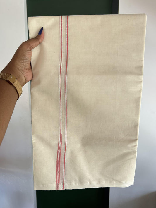 20% Discount! KaithariKada Balaramapuram 100% Cotton Double Off white Mundu/Dhoti- 100x100 - 0.2 cm Puliyilakkara Silver Kasav & Pink Chutty Kara 4 mtr (8.5 muzham) - 11 KK5392 ASH