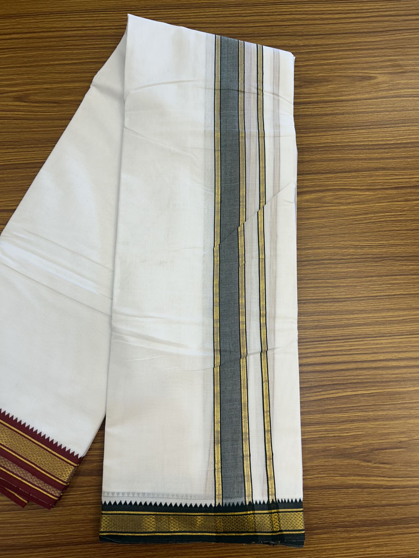 Panchakacham Dhoti - 20% Discount! KaithariKada Mixed Cotton Pure White - 80X90 thread - North Indian - Attached Gamcha - 9X5 Dhoti - 1.75 inch Dark Green & Maroon Gold Kasav kara - 68 KK8305 PMC