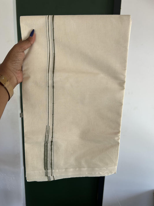 20% Discount! KaithariKada Balaramapuram 100% Cotton Double Off white Mundu/Dhoti- 100x100 - 0.2 cm Puliyilakkara Silver Kasav & Olive Green Chutty Kara 4 mtr (8.5 muzham) - 10 KK5392 ASH
