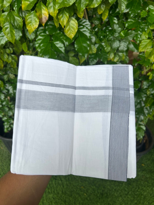 20% Discount ! Kaitharikada Balaramapuram 100% Cotton PURE WHITE Double Mundu/Dothi - 100x80 - 1.5 inch Ash Grey Stripes Kara 3.90 mtr (8 muzham) - 53KK5220 THI