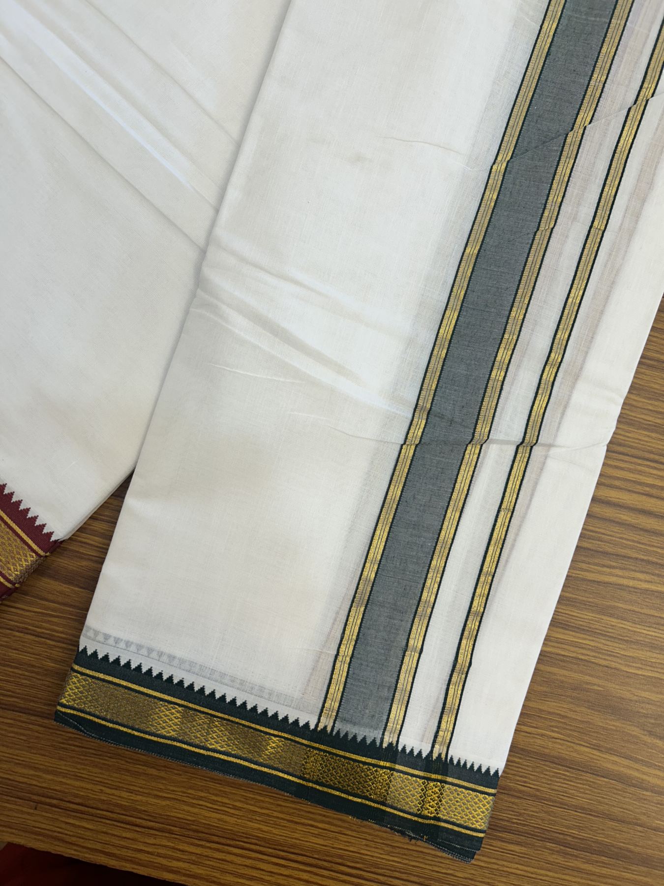 Panchakacham Dhoti - 20% Discount! KaithariKada Mixed Cotton Pure White - 80X90 thread - North Indian - Attached Gamcha - 9X5 Dhoti - 1.75 inch Dark Green & Maroon Gold Kasav kara - 68 KK8305 PMC