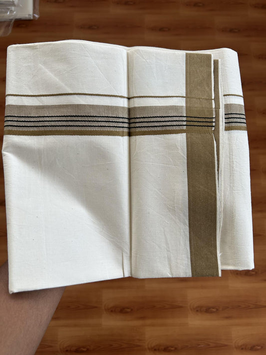Single Mundu/Dhoti - Off White (Unbleached) 29% Discount !! KaithariKada Balaramapuram 100% Cotton Twisted 60s Thread - 1 Inch Black & Sand Brown Shaded Striped Kara (2 meter /4 muzham) - 19 KK5393 GL
