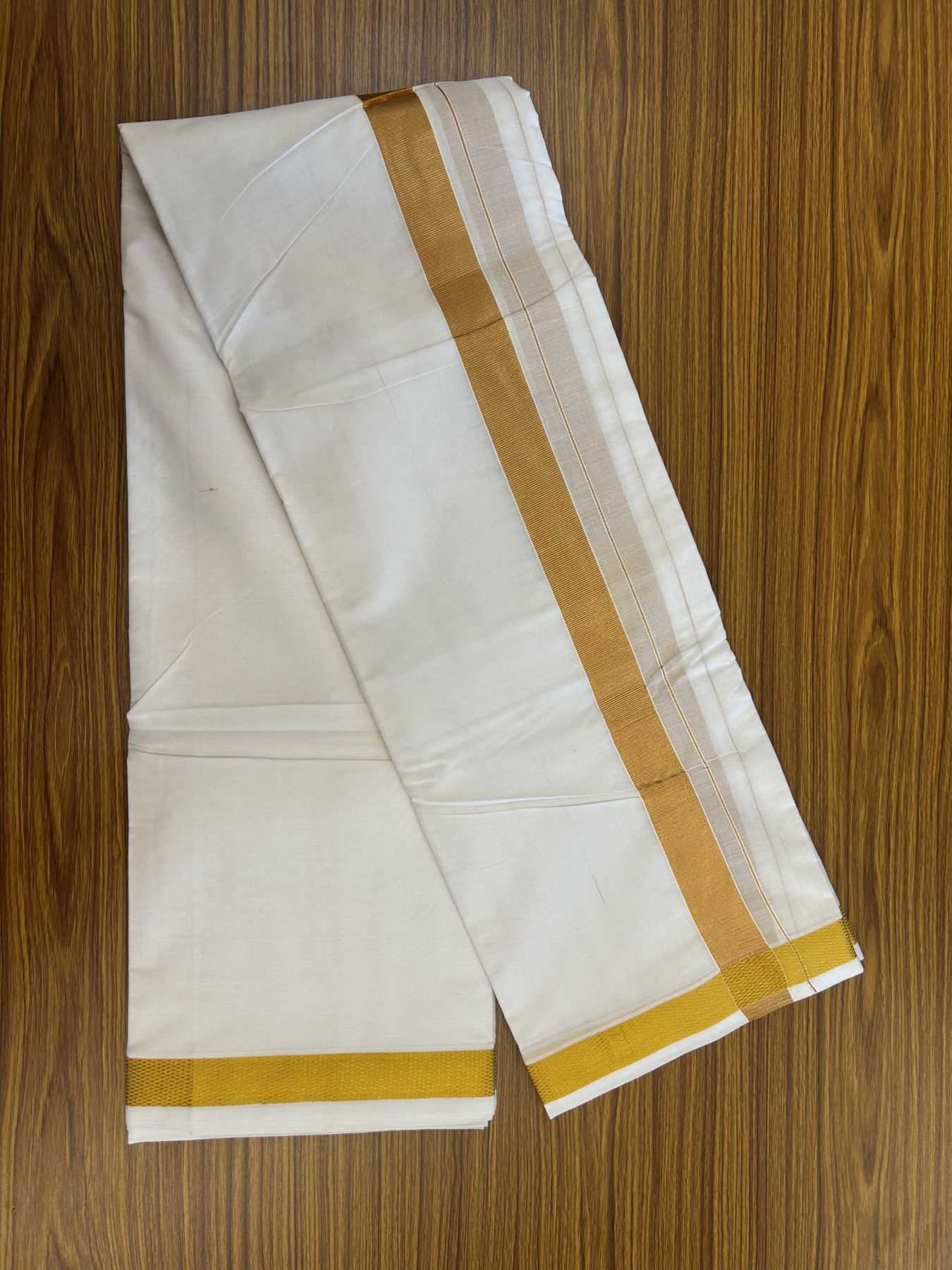 Panchakacham Dhoti - 20% Discount! Kaitharikada Balaramapuram Mixed Cotton Pure White - 80X90 thread - North Iindian  Attached Gamcha - 9X5 Dhoti - 1.5 inch Gold Kasav border - 64 KK8305 PMC