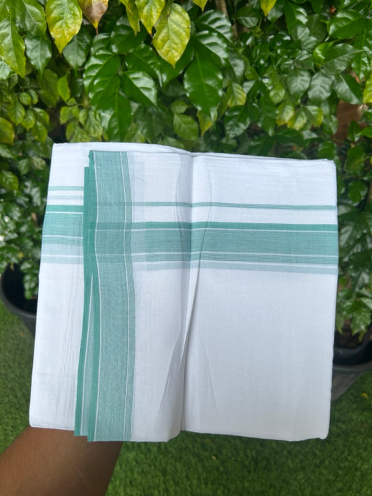 20% Discount ! Kaitharikada Balaramapuram 100% Cotton PURE WHITE Double Mundu/Dothi - 100x80 - 1.5 inch Turquoise Green Striped Kara 3.75 mtr (8 muzham) - 46KK5220 THI