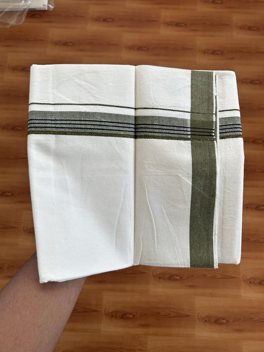 Single Mundu/Dhoti - Off White (Unbleached) 29% Discount !! KaithariKada Balaramapuram 100% Cotton Twisted 60s Thread - 1 Inch Black & Yellowish Olive Green Shaded Striped Kara (2 meter /4 muzham) - 25 KK5393 GL