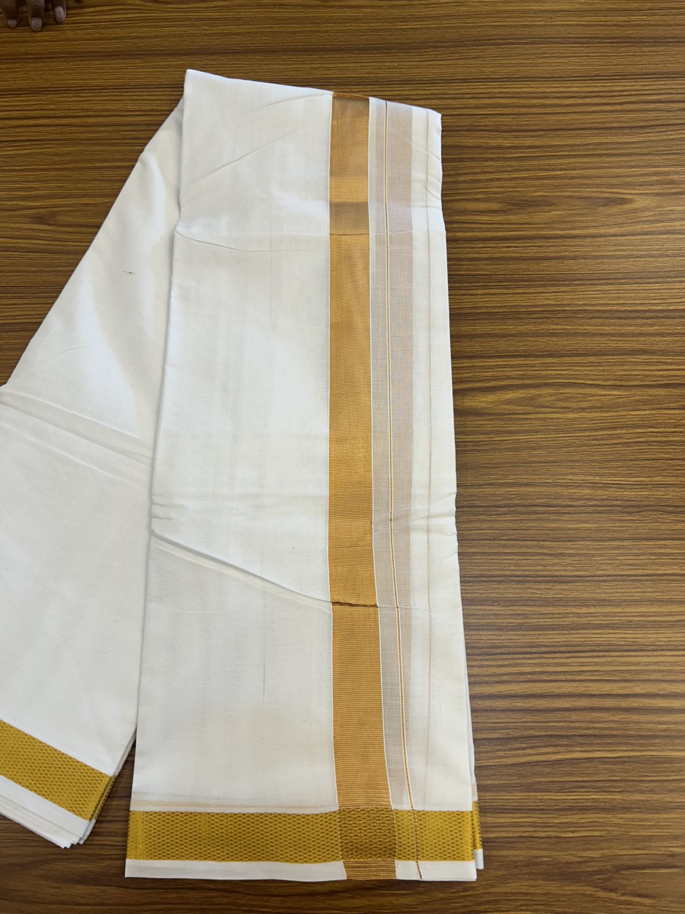 Panchakacham Dhoti - 20% Discount! Kaitharikada Balaramapuram Mixed Cotton Pure White - 80X90 thread - North Iindian  Attached Gamcha - 9X5 Dhoti - 1.5 inch Gold Kasav border - 64 KK8305 PMC