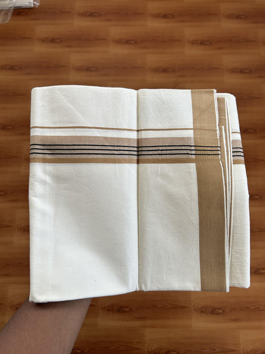Single Mundu/Dhoti - Off White (Unbleached) 29% Discount !! KaithariKada Balaramapuram 100% Cotton Twisted 60s Thread - 1 Inch Black & Brwonish Orange Shaded Striped Kara (2 meter /4 muzham) - 21 KK5393 GL