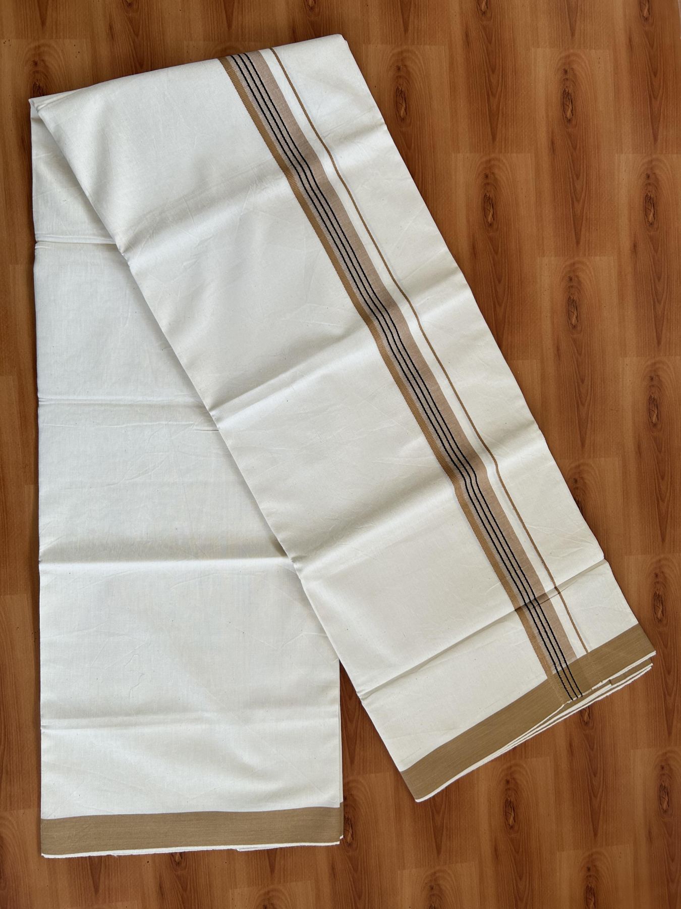 Single Mundu/Dhoti - Off White (Unbleached) 29% Discount !! KaithariKada Balaramapuram 100% Cotton Twisted 60s Thread - 1 Inch Black & Brwonish Orange Shaded Striped Kara (2 meter /4 muzham) - 21 KK5393 GL