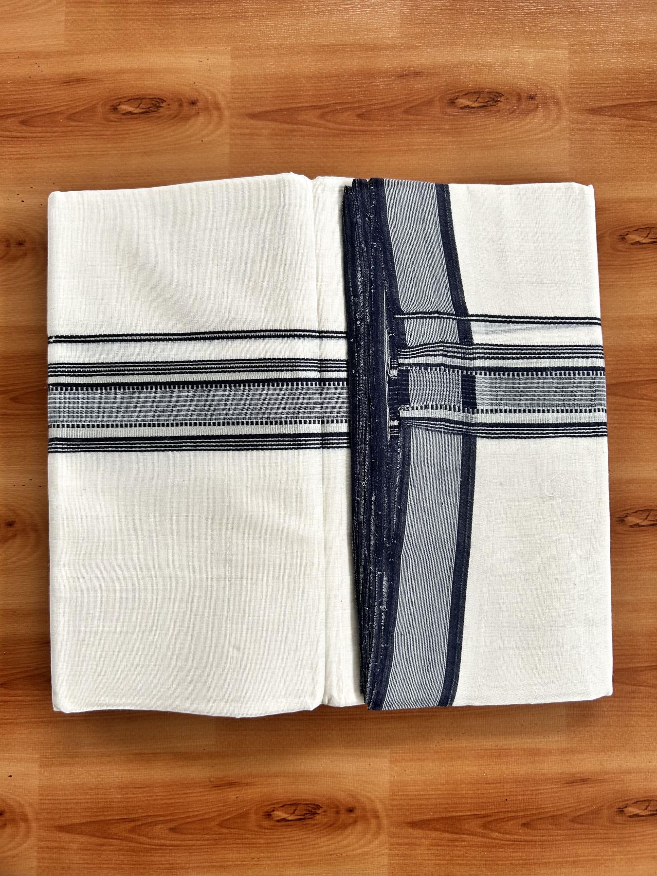 Double Off White (Unbleached) Mundu/Dhoti - 25% Discount! KaithariKada Handloom Unakkupaav Kerala Handloom - Pure Cotton - 80x90 - 1.5 Inch Silver Kasav & Navy Blue Striped Kara  4 Mtr (8.5 Muzham) - 15 KK5438 YAR