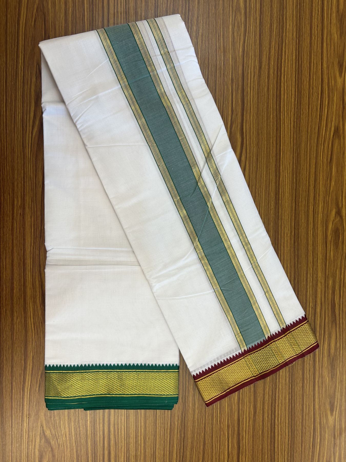 Panchakacham Dhoti - 20% Discount! KaithariKada Mixed Cotton Pure White - 80X90 thread - North Indian - Attached Gamcha - 10X6 Dhoti - 2.25 inch Forest Green & Maroon Gold Kasav kara - 66 KK8305 PMC