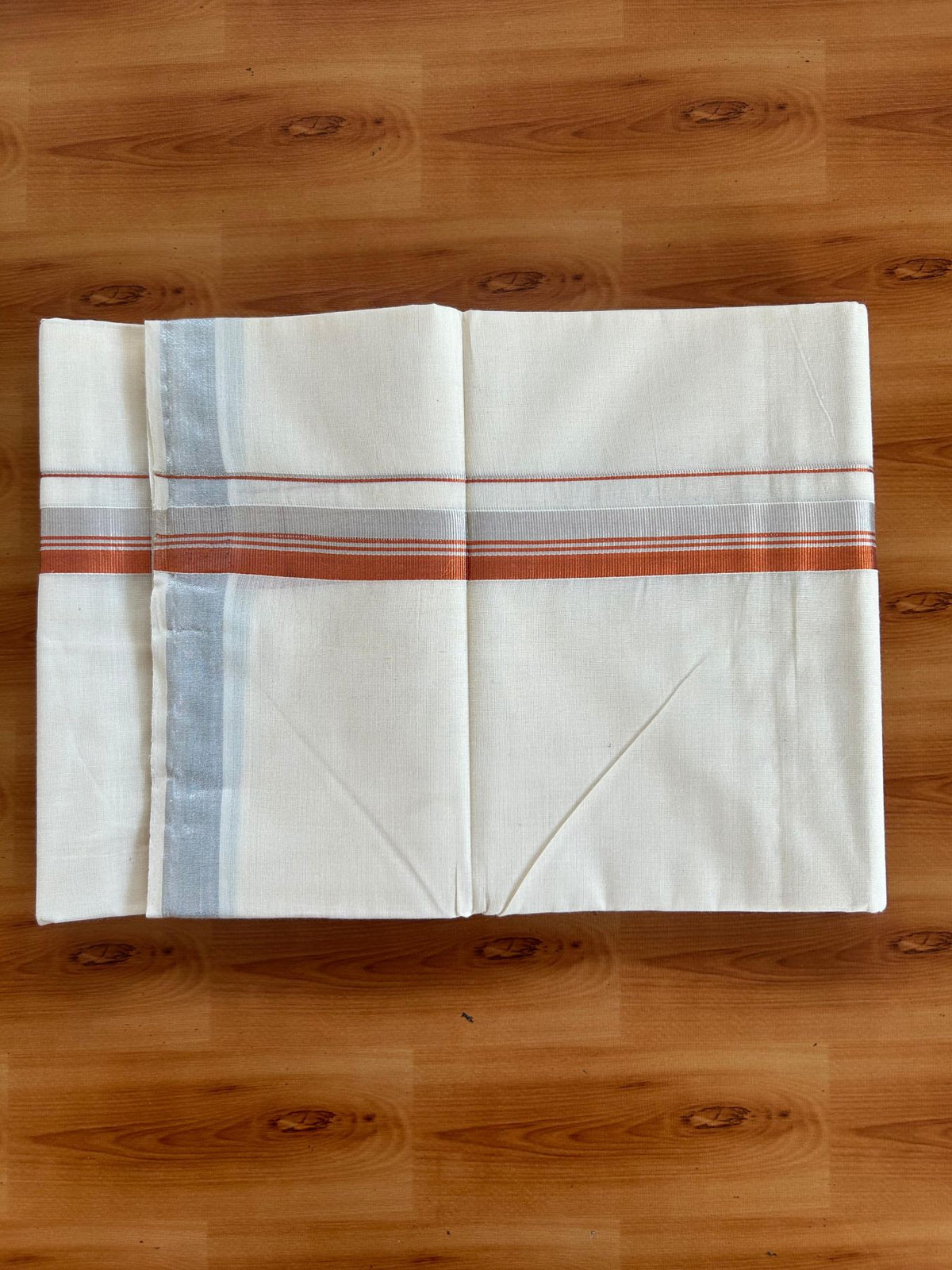 Double Off White (Unbleached) Mundu/Dhoti - 20% Discount! KaithariKada Pulimood 100% Cotton 80x72 - 1 inch Copper Kasav & Silver Kasav Striped Kara - 4 mtr (8.5 muzham) - 19 KK5553 STH