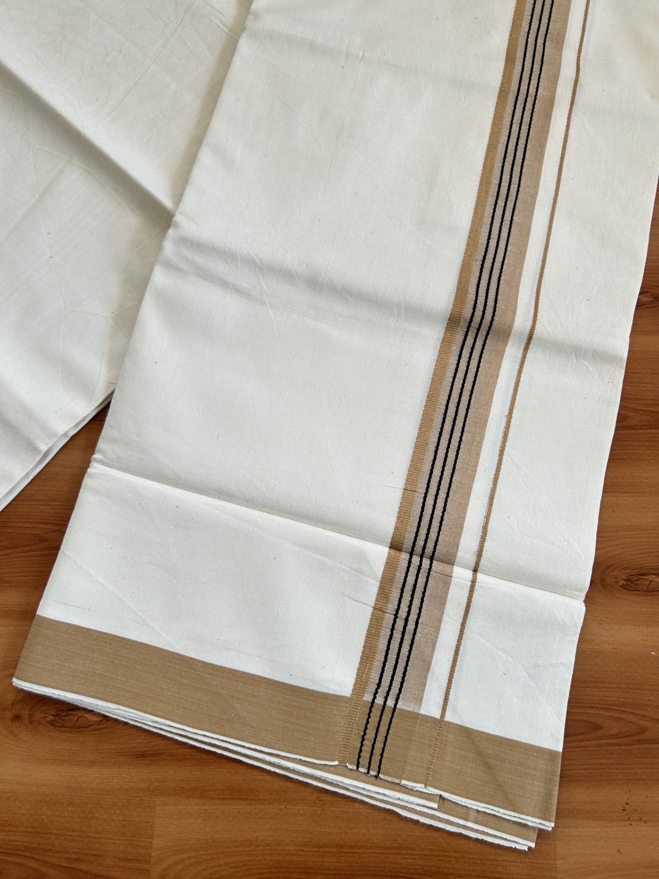 Single Mundu/Dhoti - Off White (Unbleached) 29% Discount !! KaithariKada Balaramapuram 100% Cotton Twisted 60s Thread - 1 Inch Black & Brwonish Orange Shaded Striped Kara (2 meter /4 muzham) - 21 KK5393 GL