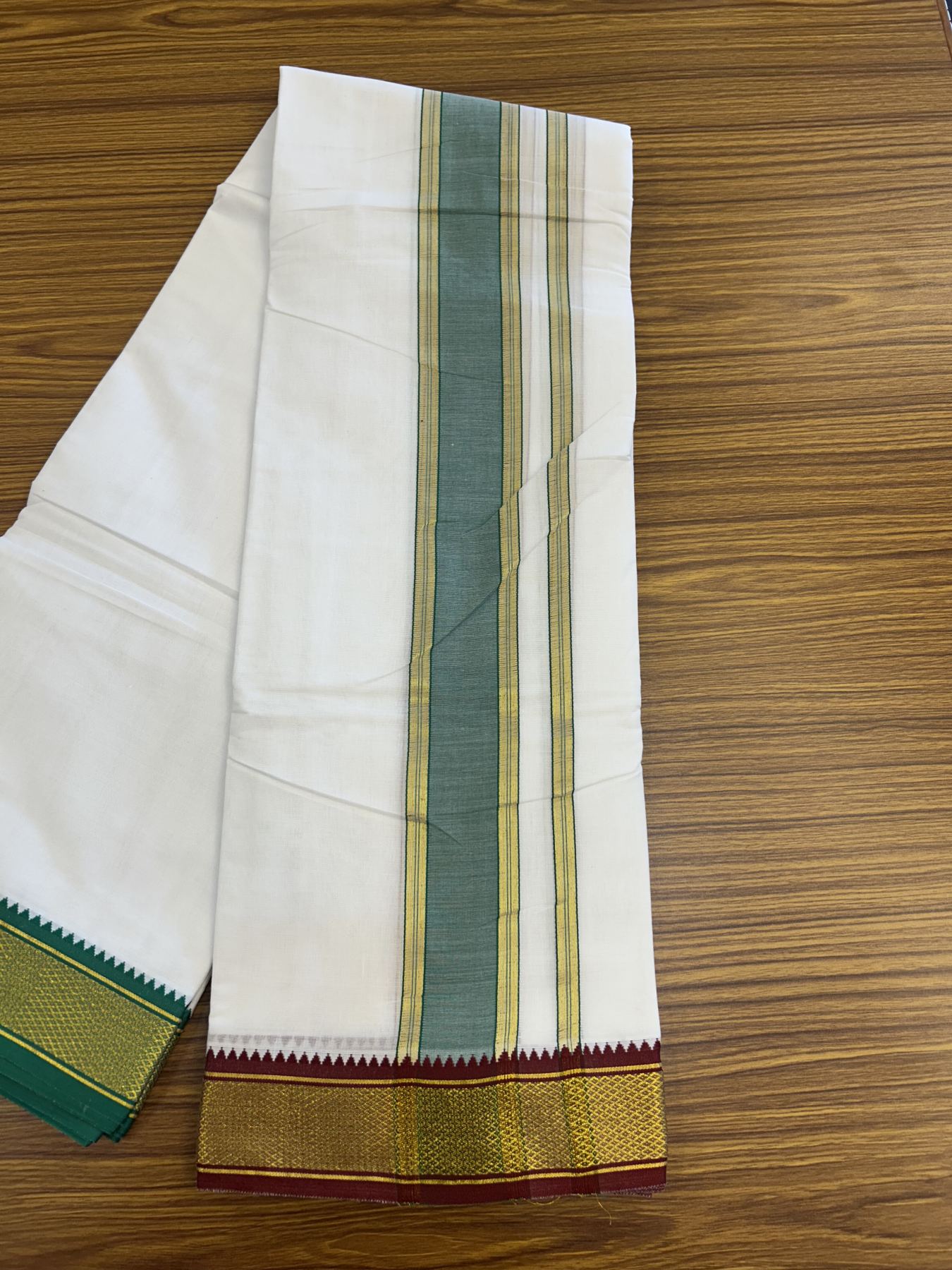 Panchakacham Dhoti - 20% Discount! KaithariKada Mixed Cotton Pure White - 80X90 thread - North Indian - Attached Gamcha - 10X6 Dhoti - 2.25 inch Forest Green & Maroon Gold Kasav kara - 66 KK8305 PMC