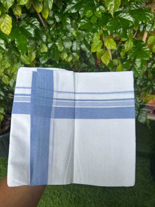 20% Discount ! Kaitharikada Balaramapuram 100% Cotton PURE WHITE Double Mundu/Dothi - 100x80 - 1.75 inch Lavander Blue Striped Kara 3.75 mtr (8 muzham) - 50KK5220 THI