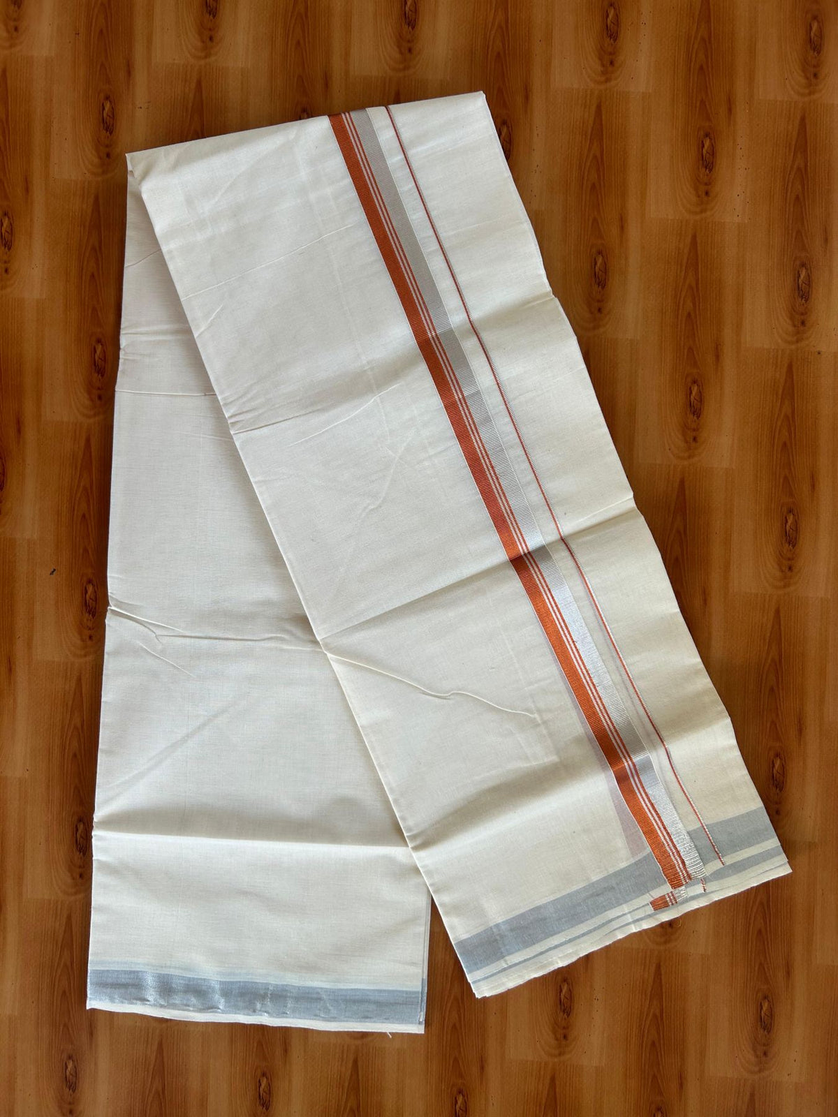 Double Off White (Unbleached) Mundu/Dhoti - 20% Discount! KaithariKada Pulimood 100% Cotton 80x72 - 1 inch Copper Kasav & Silver Kasav Striped Kara - 4 mtr (8.5 muzham) - 19 KK5553 STH
